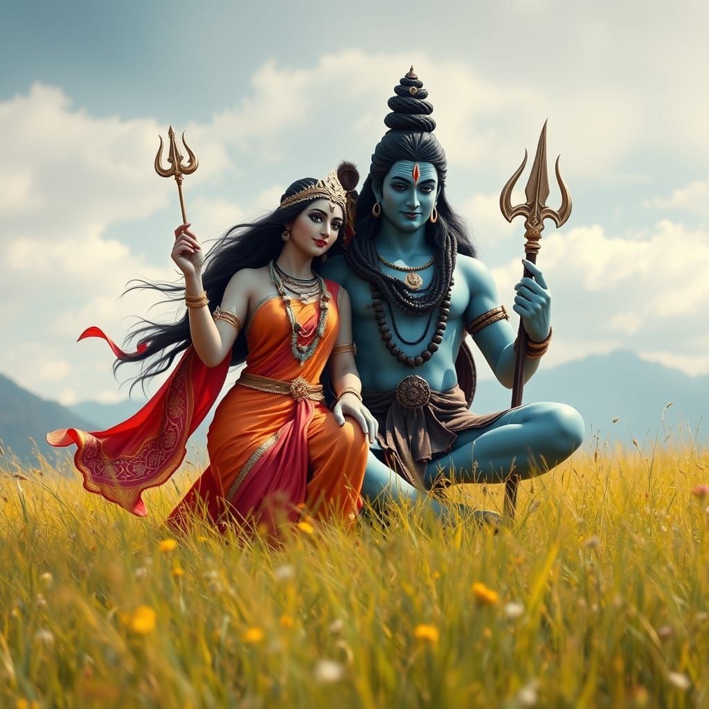 Shiva and Parvati in a Serene Himalayan Meadow