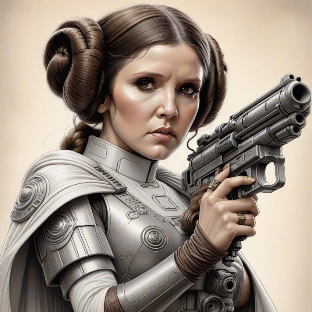 Princess Leia with Blaster in Pencil Sketch Style