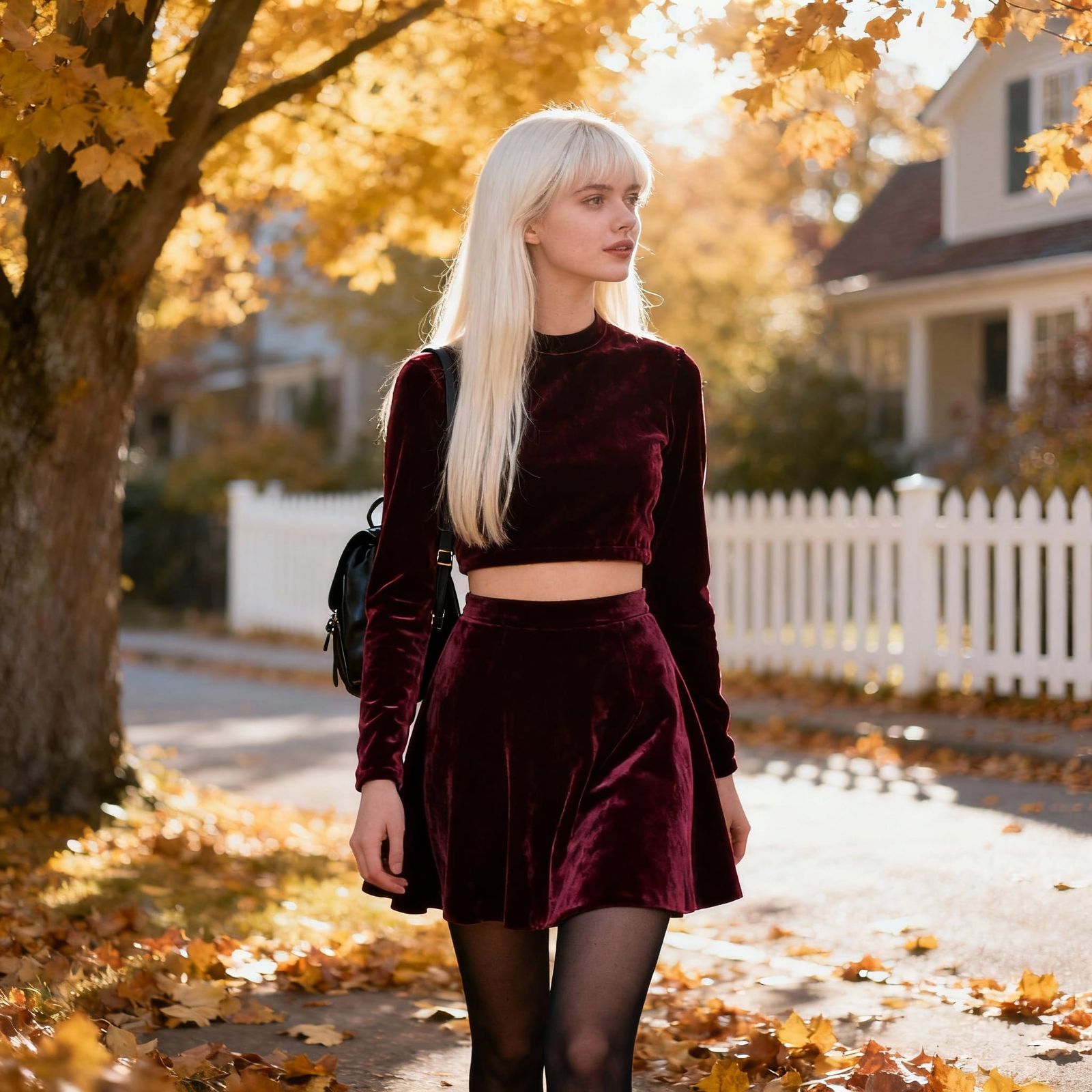 Woman in Burgundy Outfit on Sunny Autumn Day