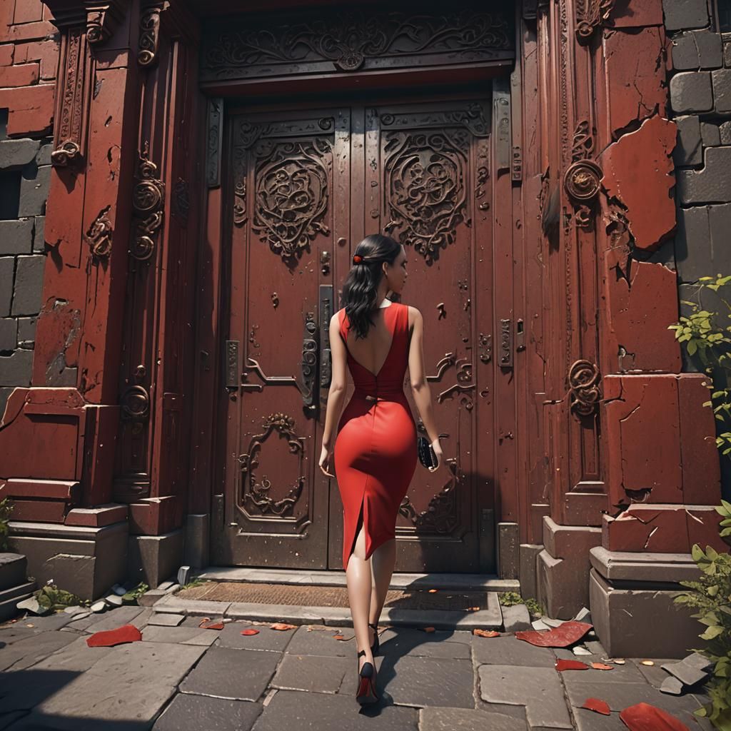 Red Dress Walking Through Door: Fantasy Concept Art