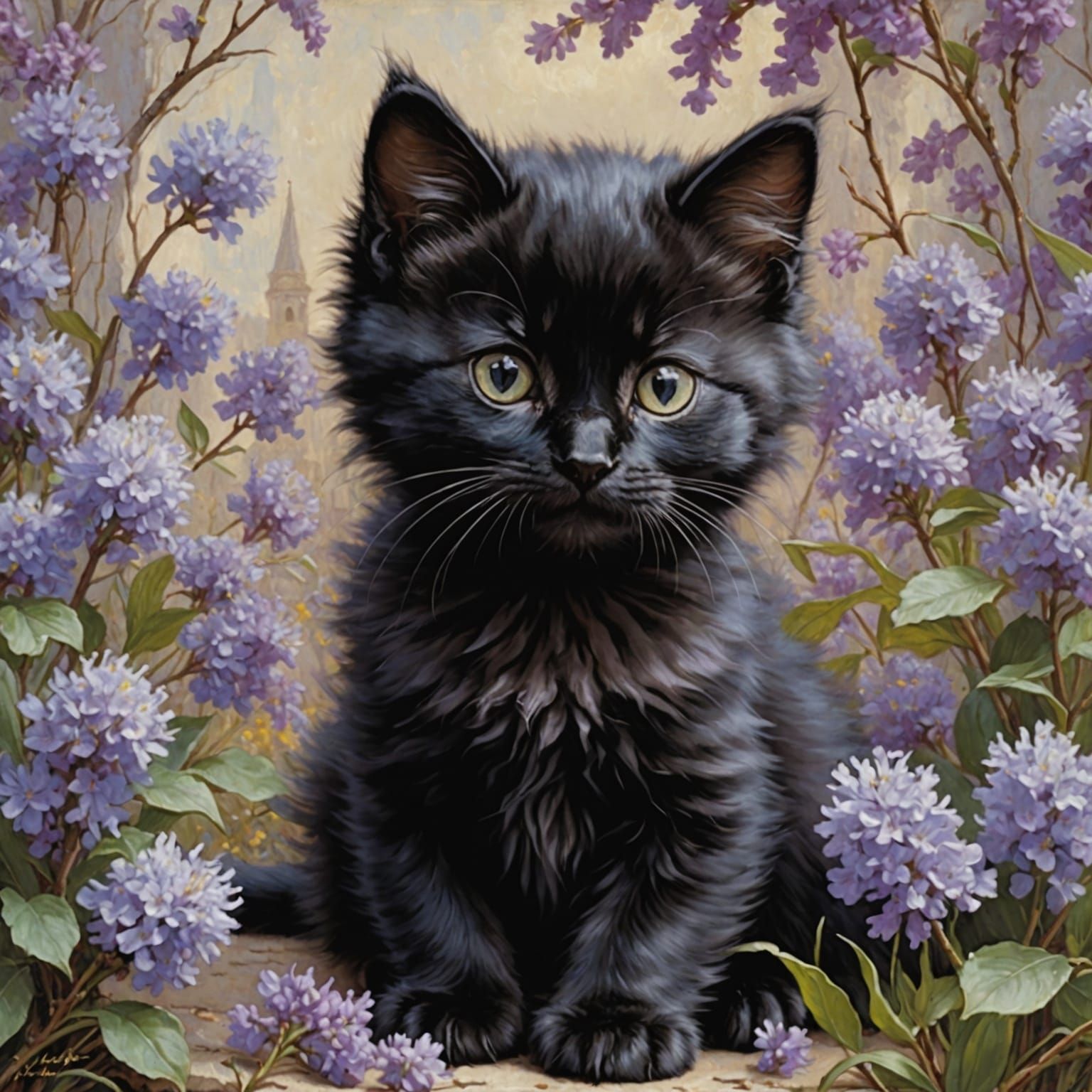 Fluffy Kitten Amongst Lilac Flowers in Pre-Raphaelite Style
