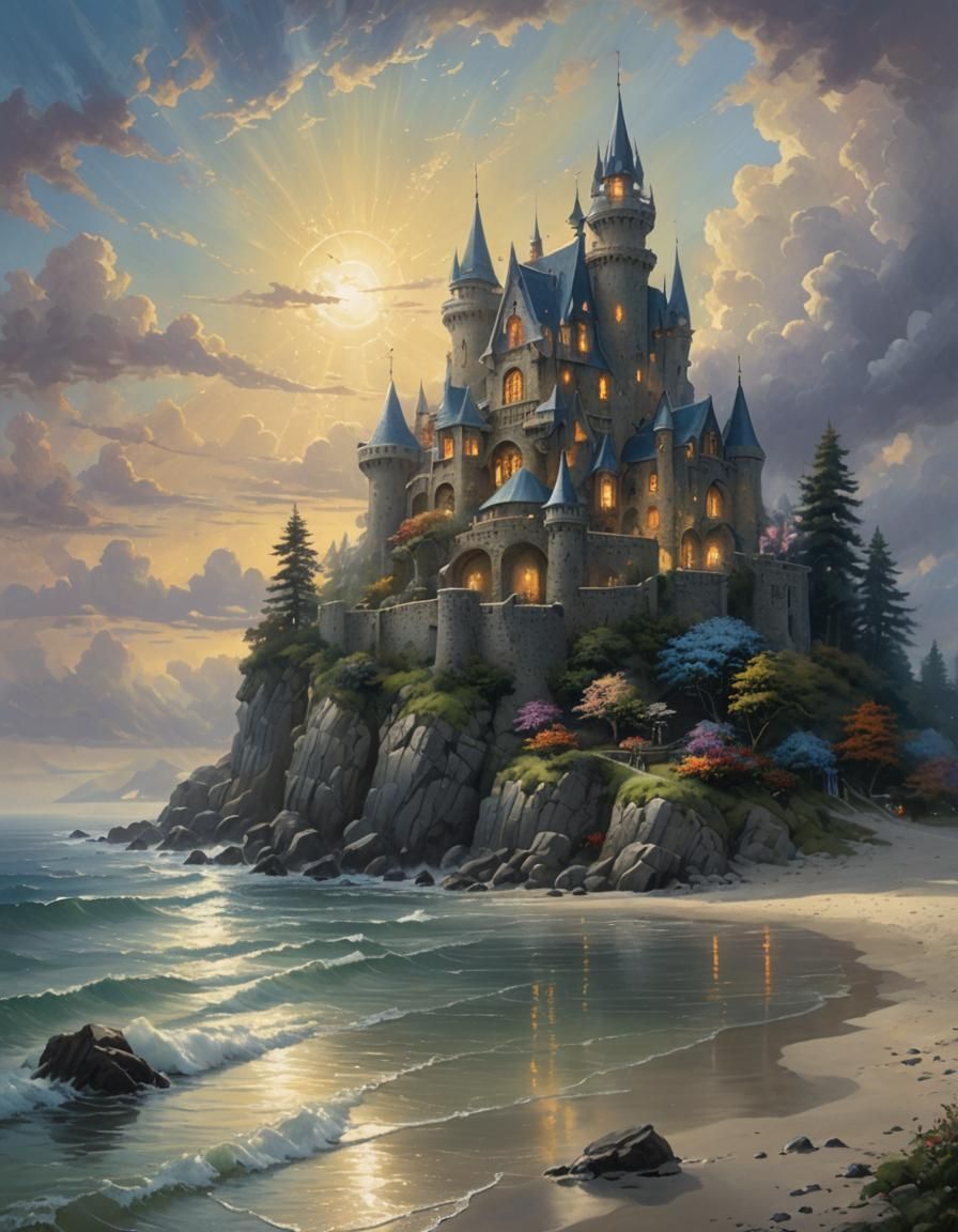 A castle on the shore.