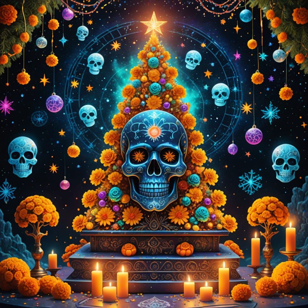 Cosmic Christmas Tree Altar with Sugar Skulls