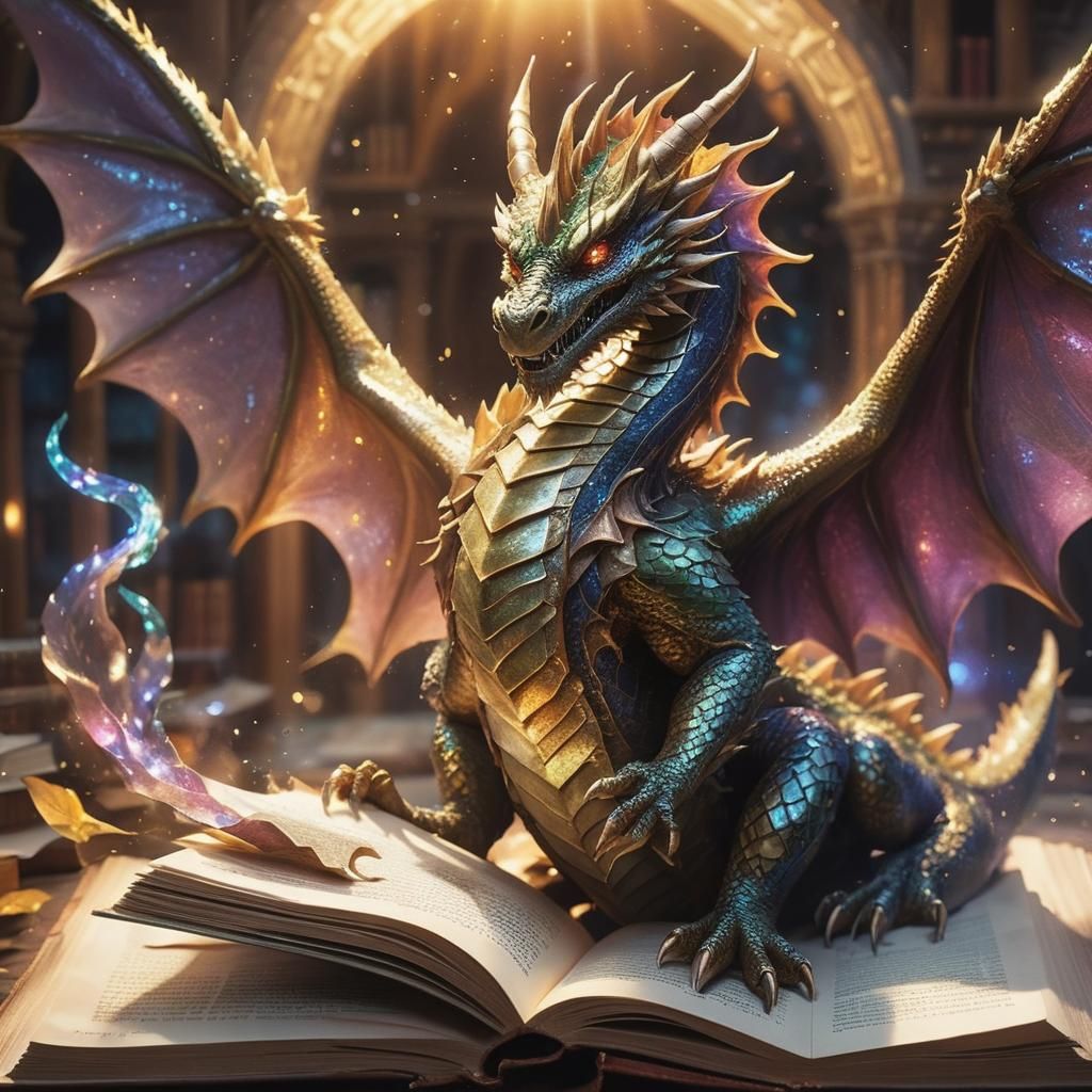 Dragon Emerges From Book in Fantasy Art Style