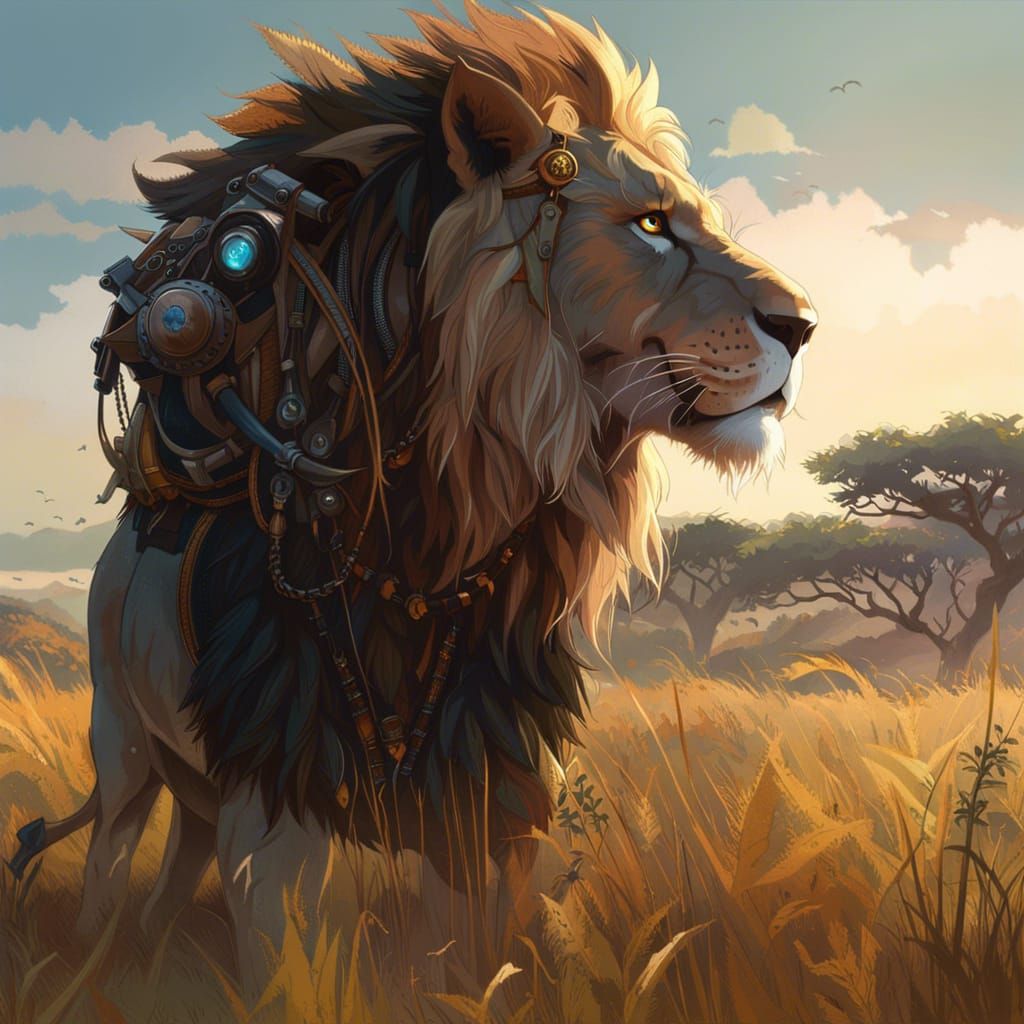 Aetherpunk Lion Portrait in African Prairie