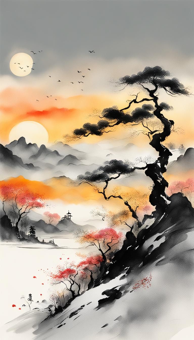 Minimalist Chinese Ink Landscape at Sunset