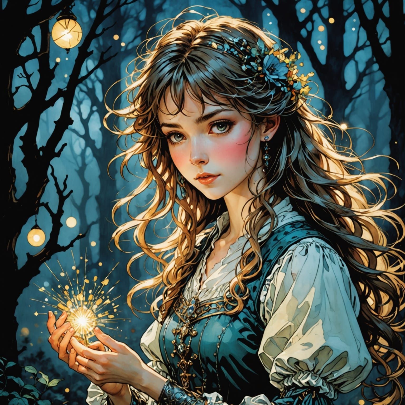 A Girl in a Sparkling Forest in Anime Style