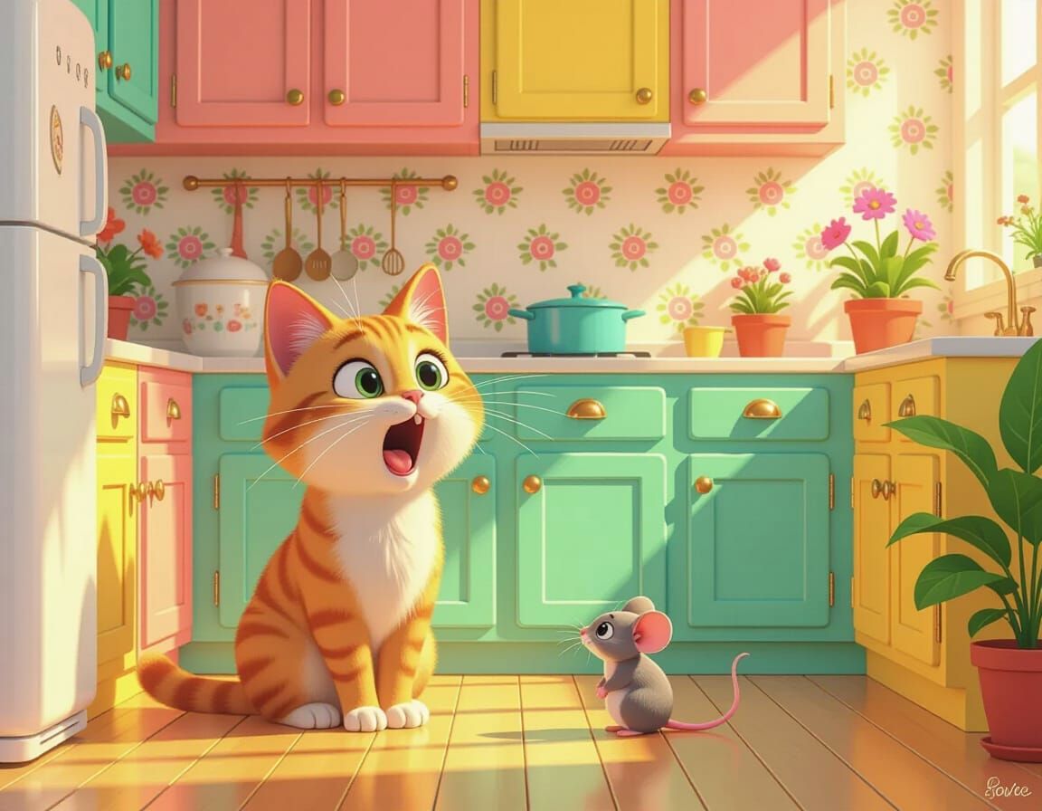 Surprised Cartoon Cat and Mouse in Vintage Kitchen