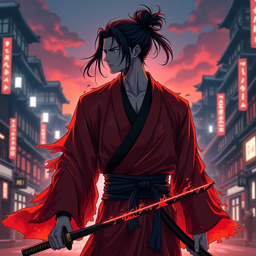 Anime Portrait of Flame Hashira with Fiery Katana