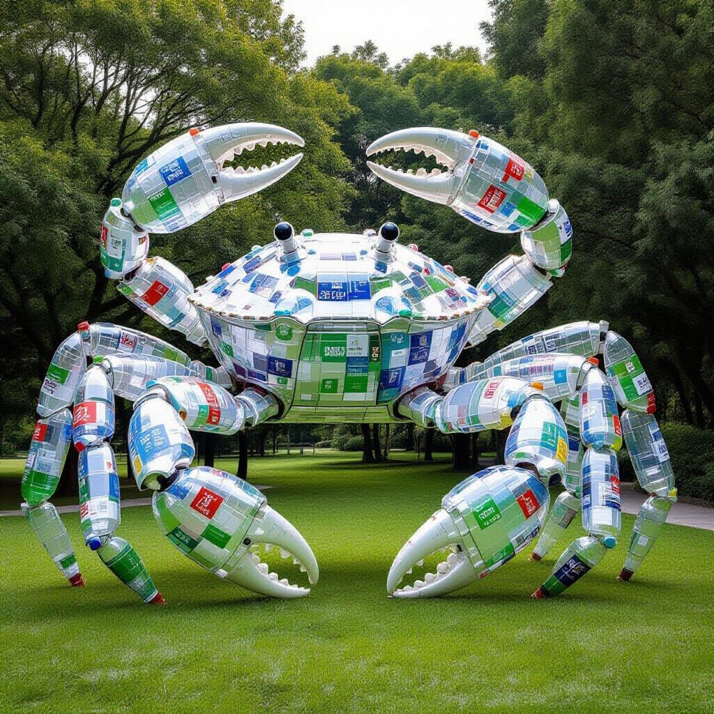 Giant Crab Statue Made of Recycled Plastic Bottles