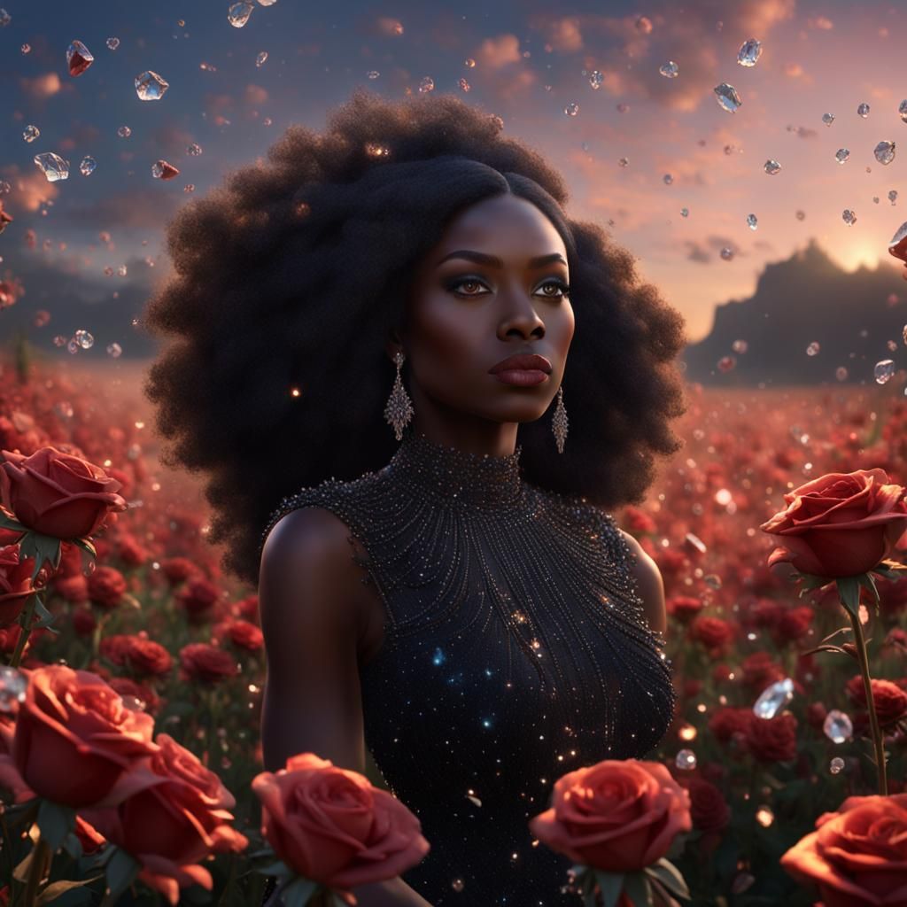 Crystalline Woman in Rose-Falling Field: Fantasy Art