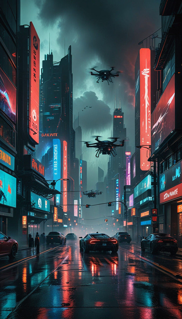 Cyberpunk Cityscape at Night in Vibrant Dark Neon