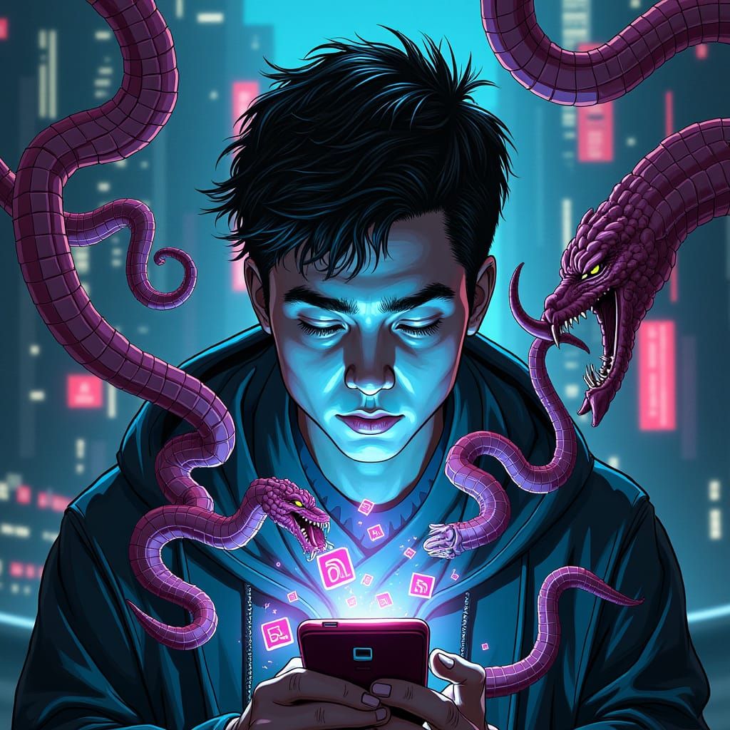 Cyberpunk Person in Dystopian Social Media Landscape