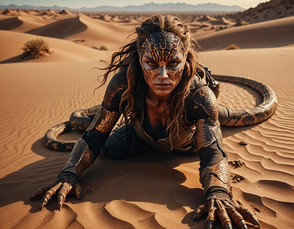 Reptilian Woman Crawls Desert Dunes: Digital Matte Painting