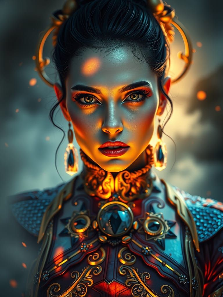 Hyperrealistic Fantasy Portrait in Vibrant Blues and Oranges