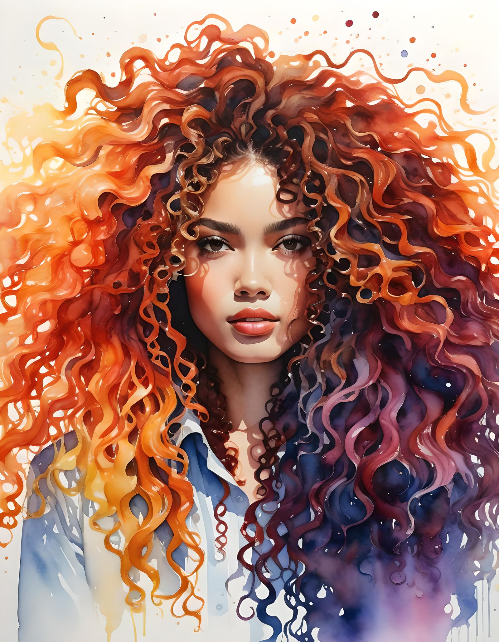 Emotive Portrait with Flowing Curly Hair in Watercolor