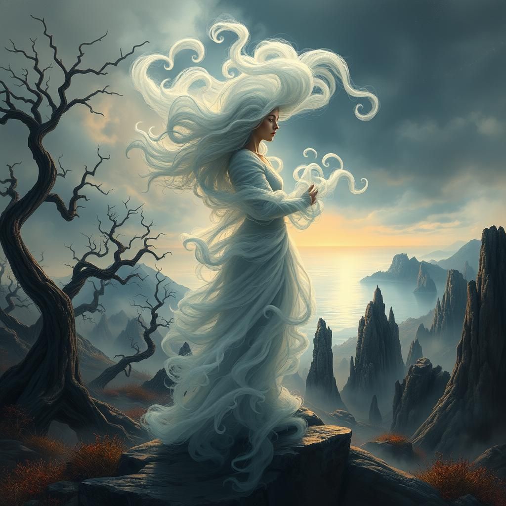 Ethereal Mist Woman in Surreal Landscape