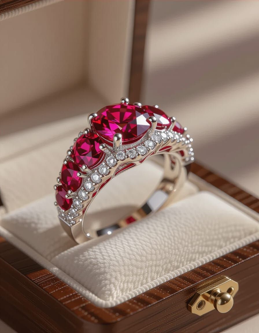 Regal Ruby and Diamond Wedding Ring in 3D Style