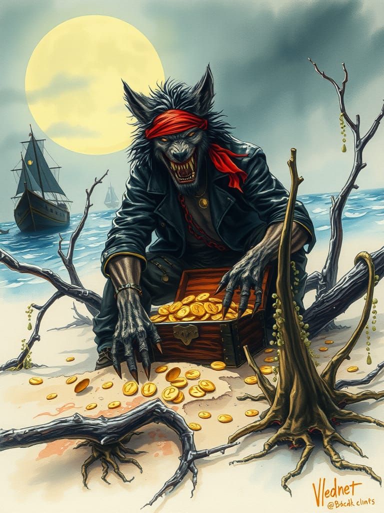 Punk Rock Werewolf Pirate Buries Treasure in Watercolor Styl...
