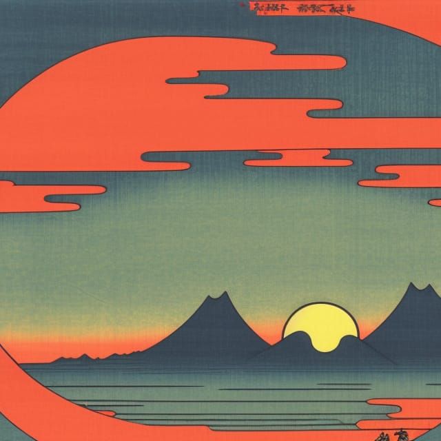Retrofuturistic Sunset Bay Moon Horse in Ukiyo-e Style