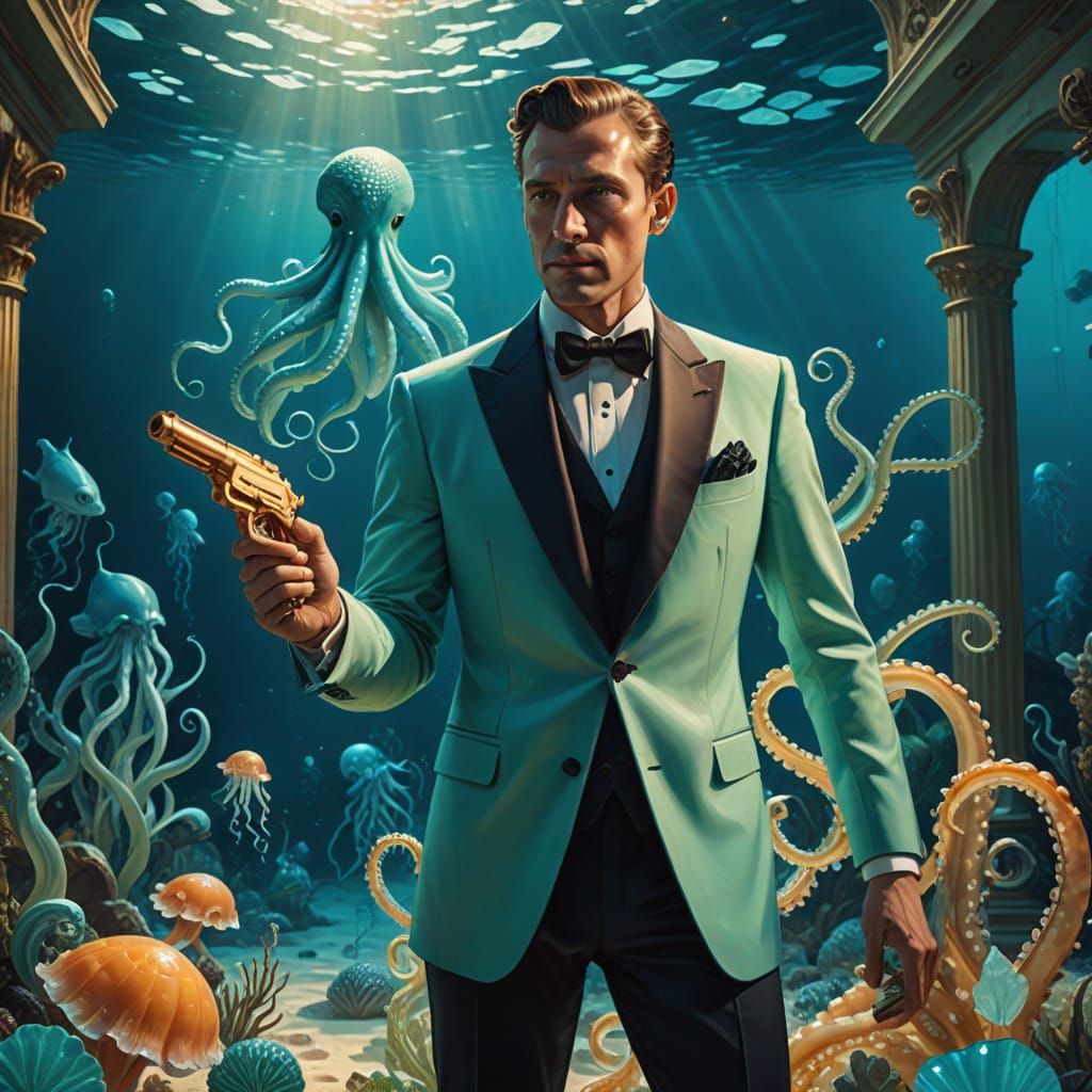 Suave Secret Agent in Futuristic Underwater Museum