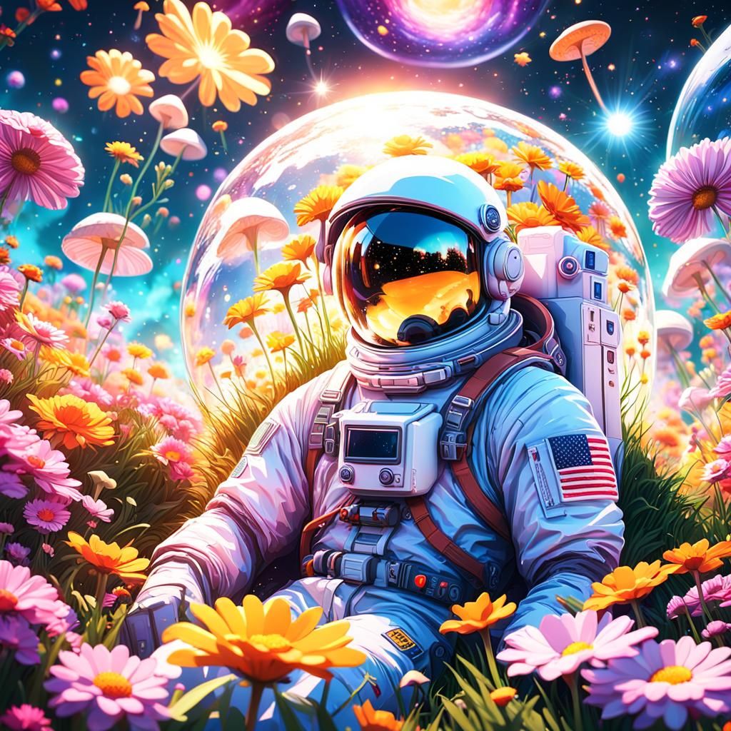 Astronaut in Floral Garden with Universe Reflection
