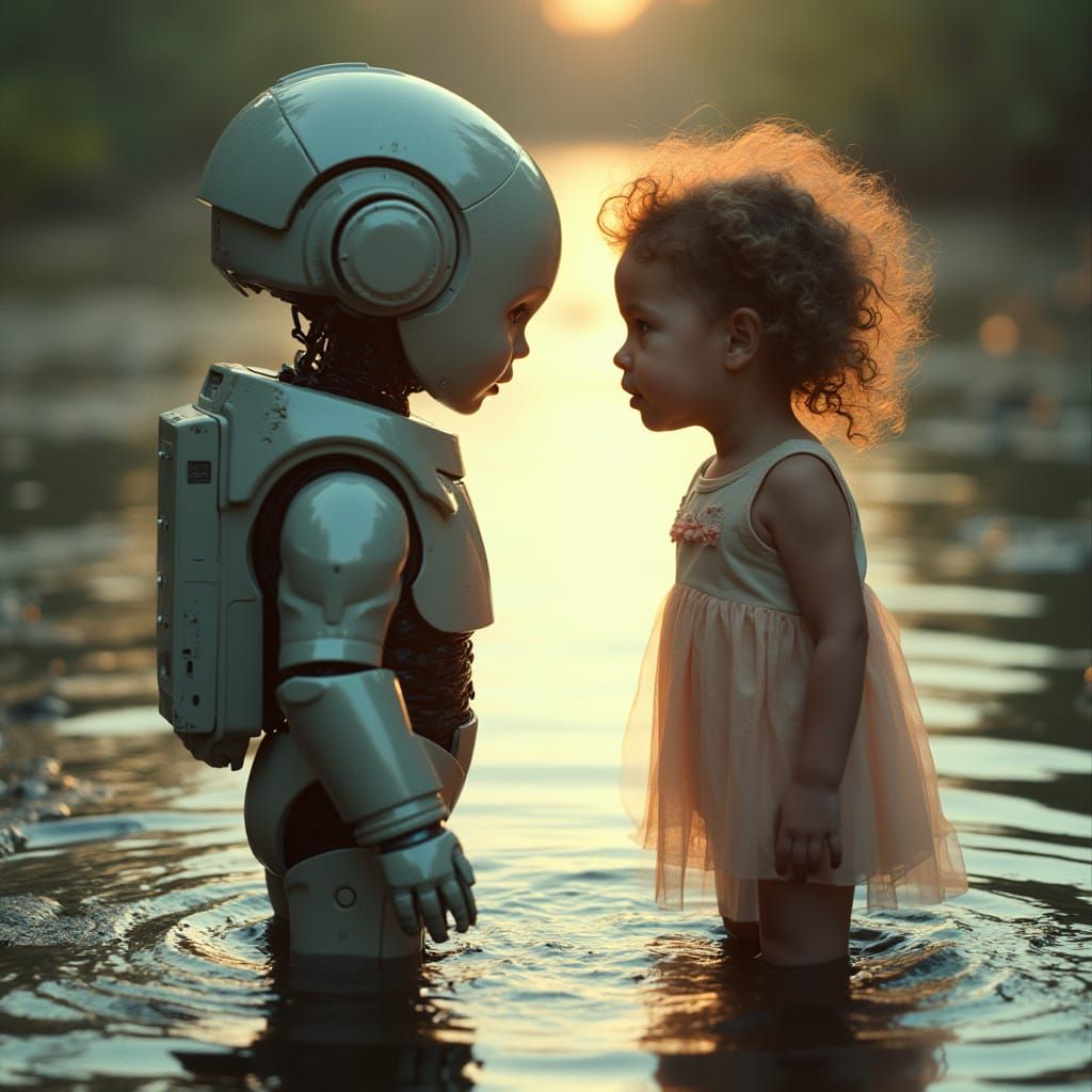 Futuristic Robot Observes Living Child's Reflection in Water