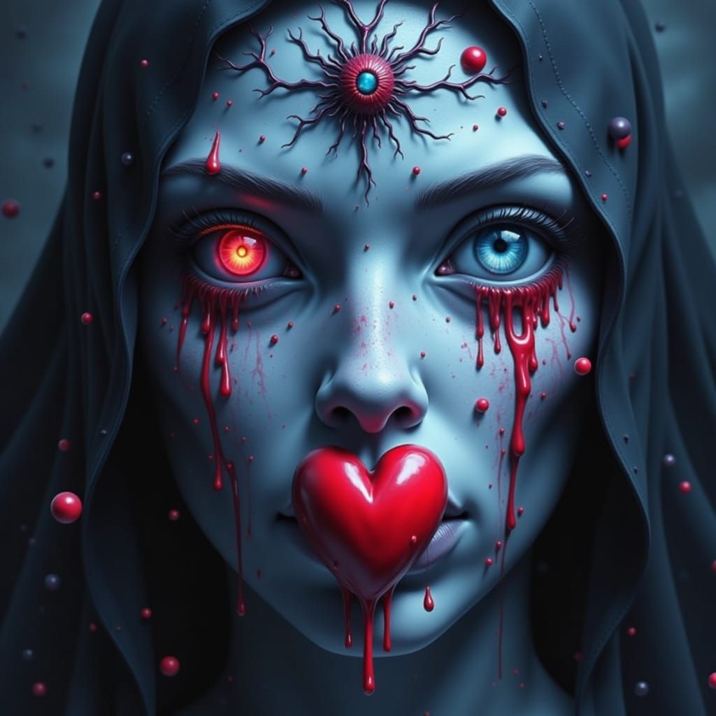 Haunted Nun with Bleeding Eyes, Dystopian Matte Painting