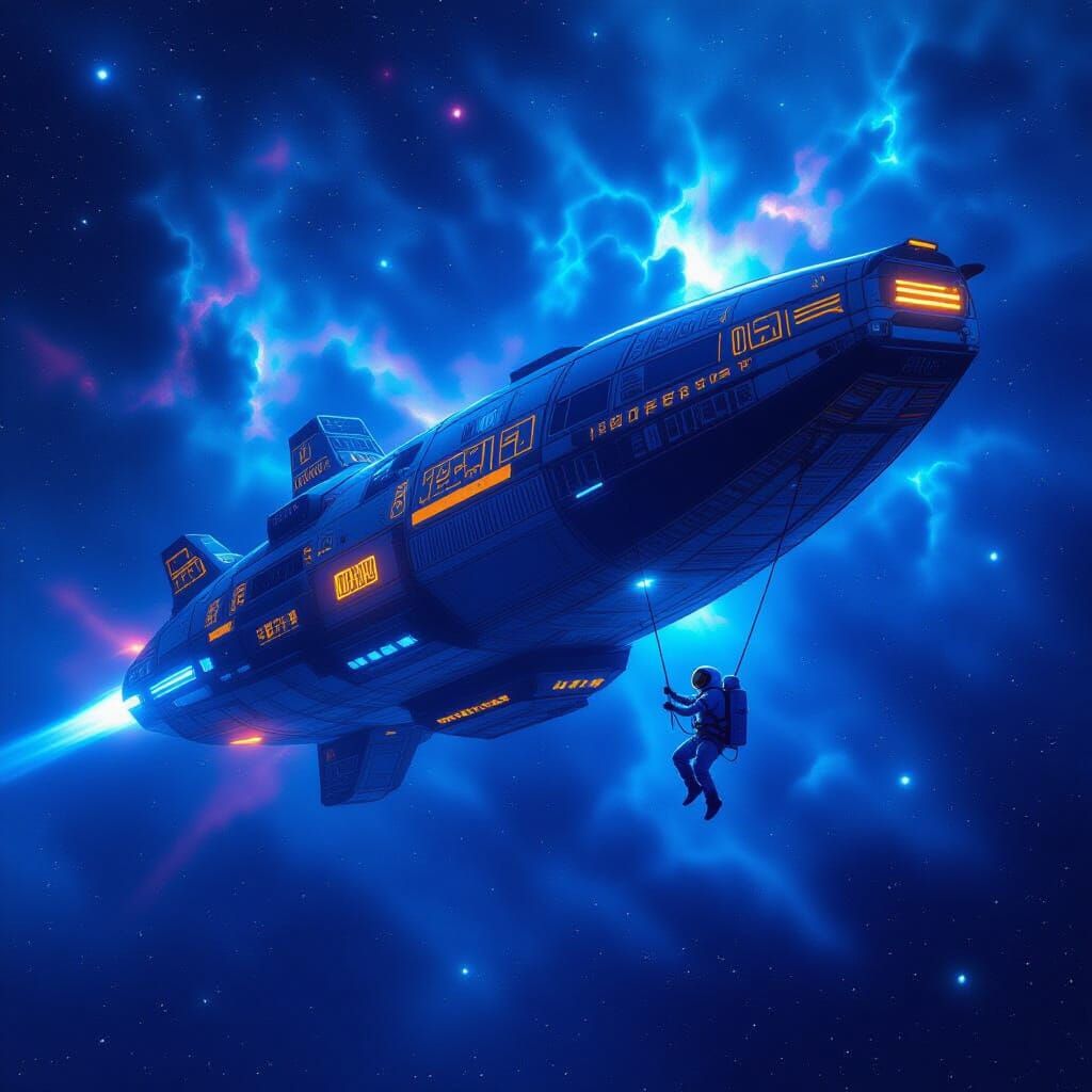 Astronaut Adrift Near Egyptian Spaceship in Space