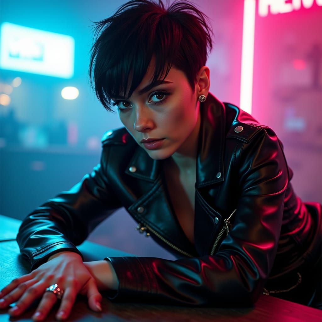 Cyberpunk Woman Beckons in Neon Lit Bar