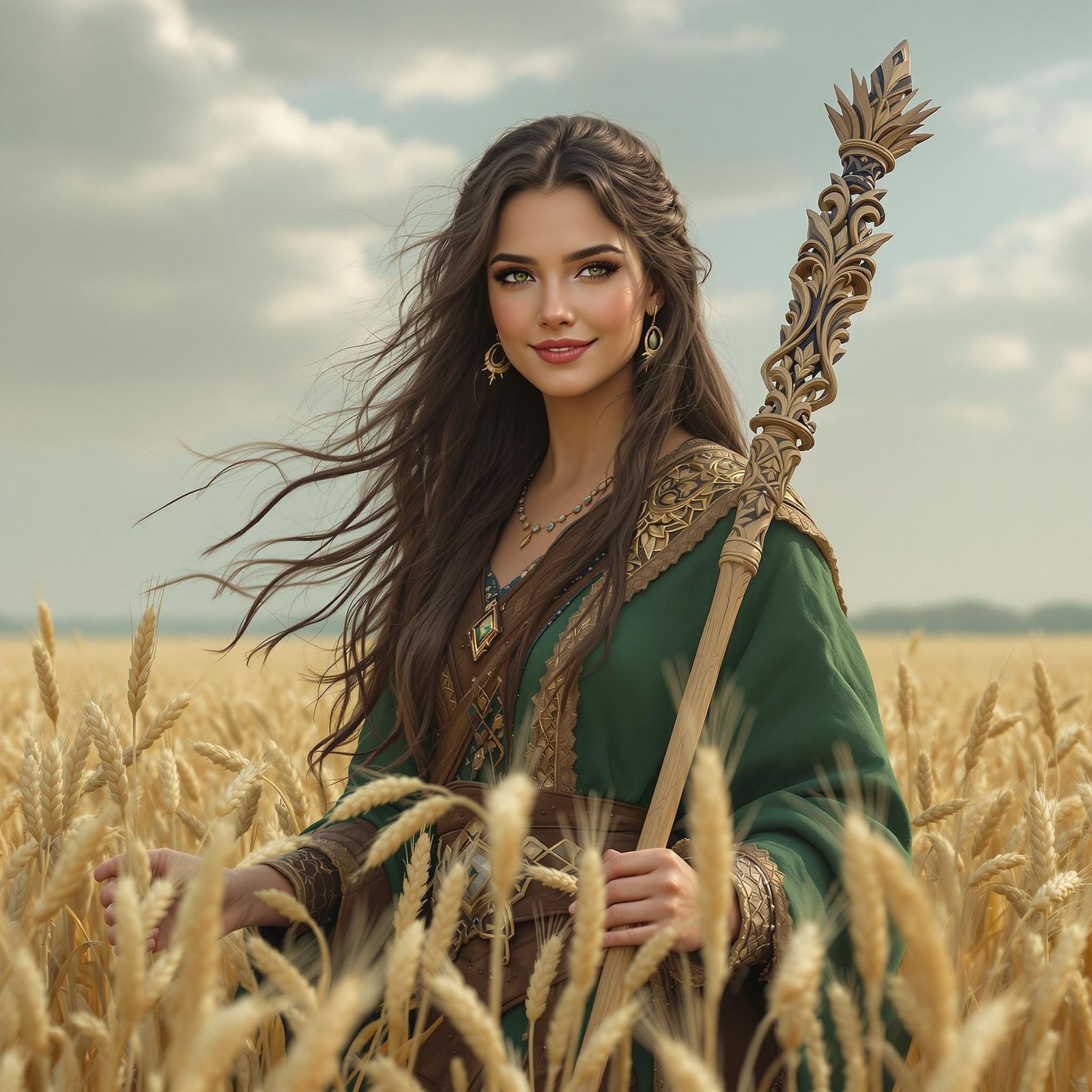 Norse Goddess in Oat Field: Detailed Matte Painting