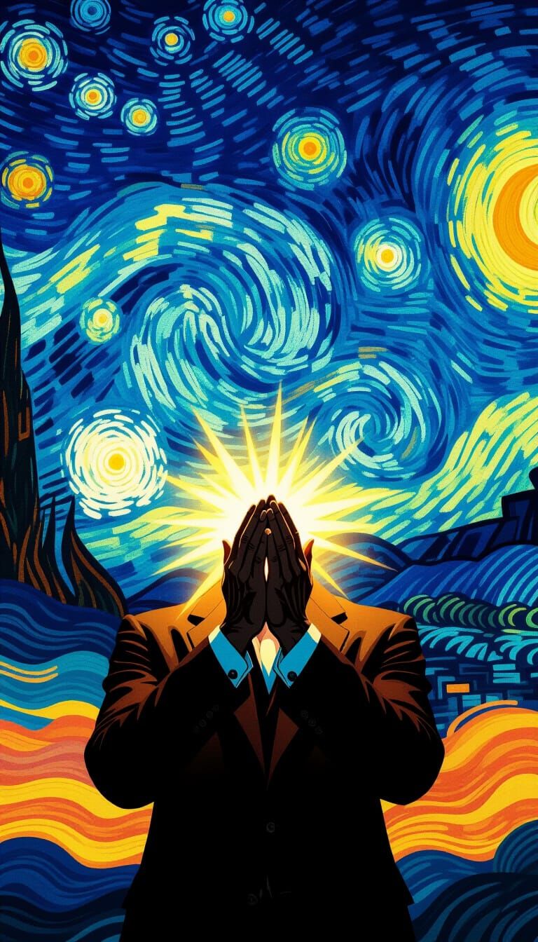 Radiant Figure Under Swirling Starry Sky