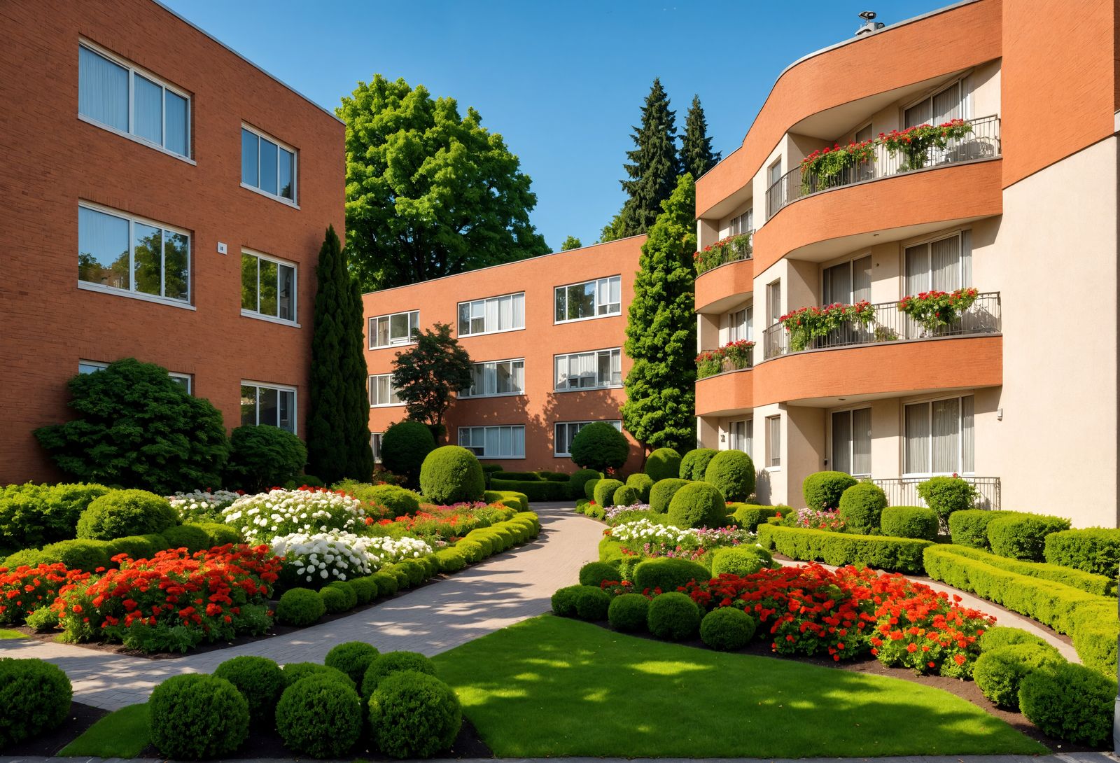 Apartment Building in a Hyperrealistic Garden Park