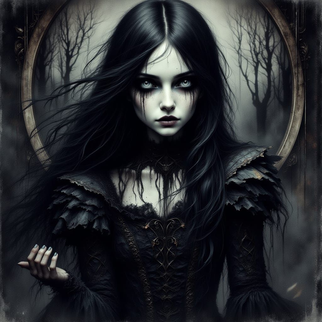 Gothic Girl with Piercing Eyes in Dark Fantasy Style