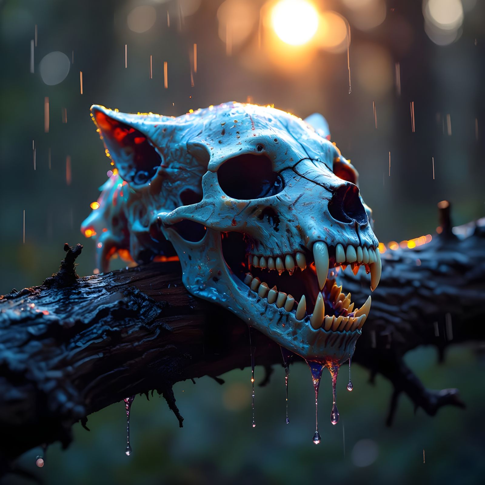 Bioluminescent Wolf Skull in Rainy Rainbow Light