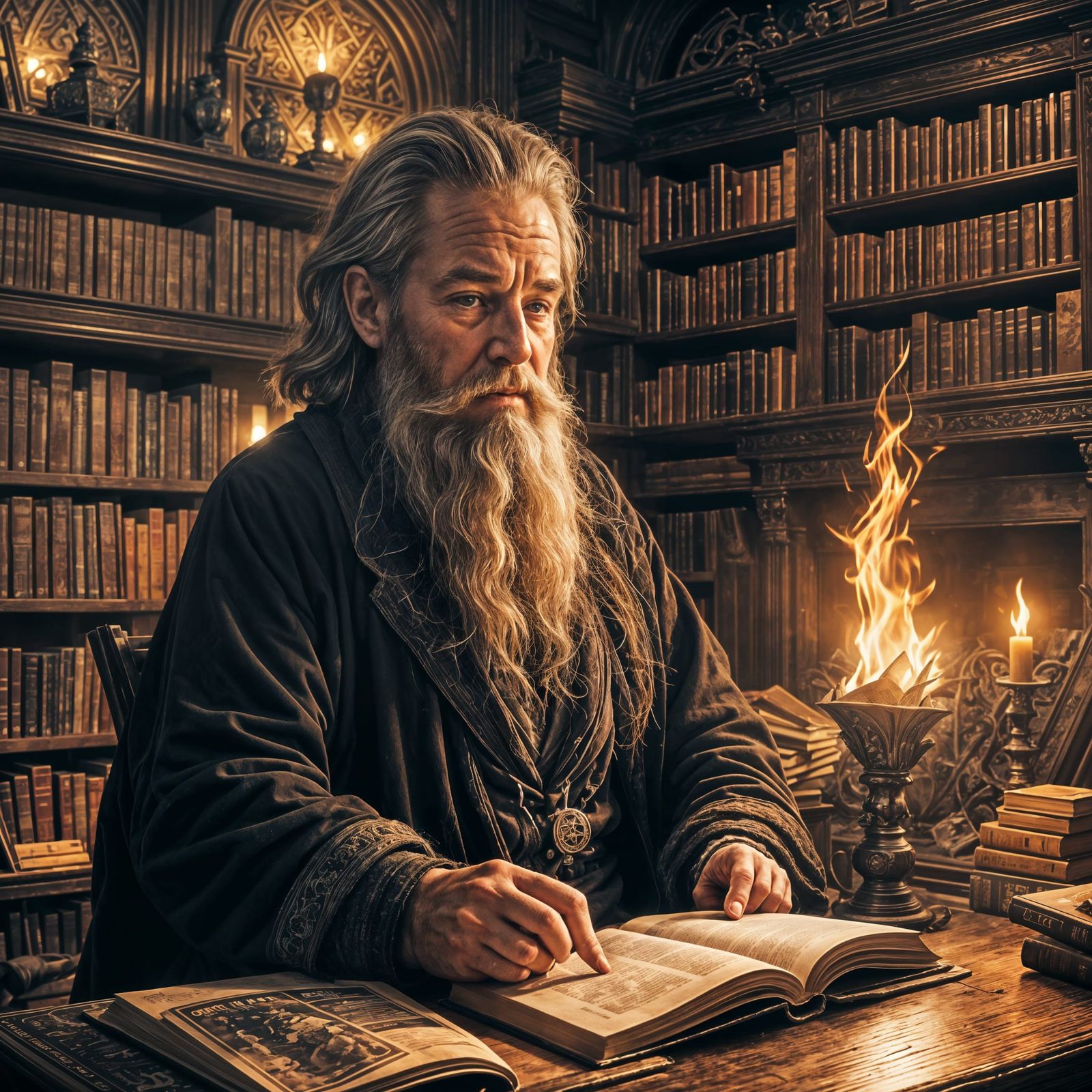 Wizard Reading by Fireplace Under Moonlight