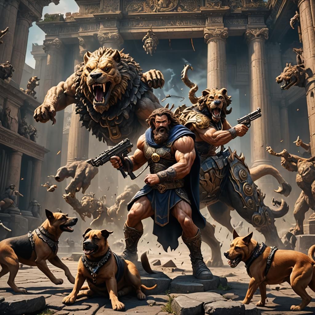 Hercules Battles Cerberus with Machine Gun: Detailed Matte P...