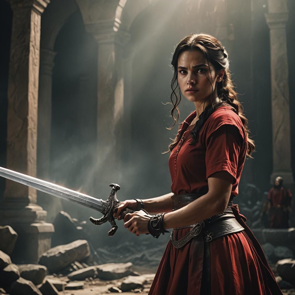 Girl with Sword Confronts God: Cinematic Film Still