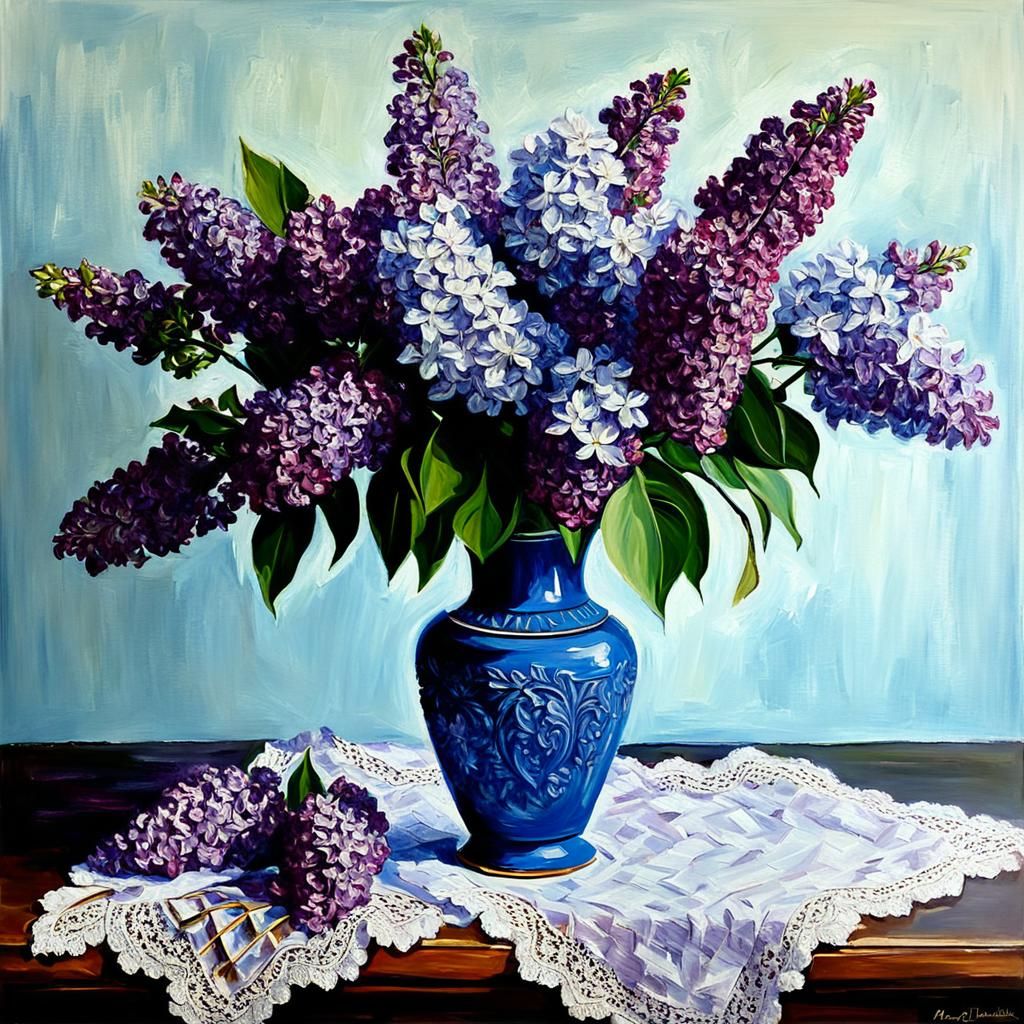 Lilacs in Blue Vase: Impasto Oil Painting