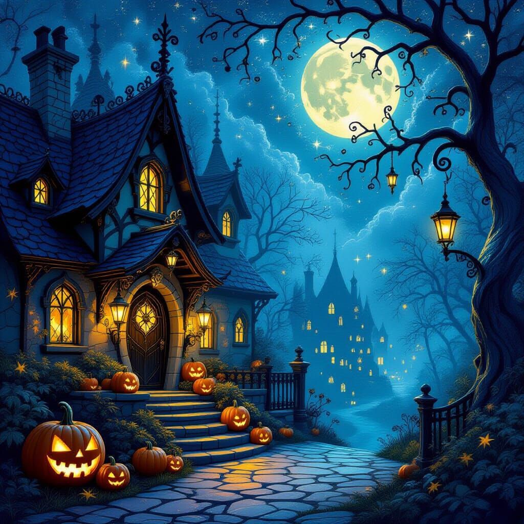 Whimsical Shimmering Halloween Scene Digital Painting