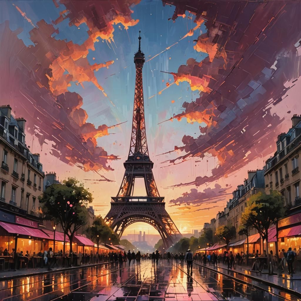 Pink Eiffel Tower at Sunset: Detailed Matte Painting