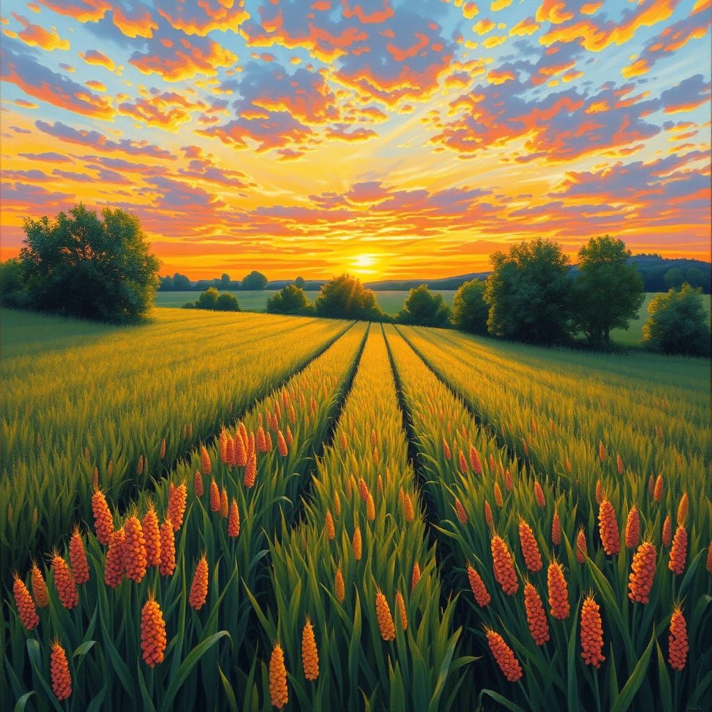 Golden Wheat Field at Sunset: Impressionistic Style