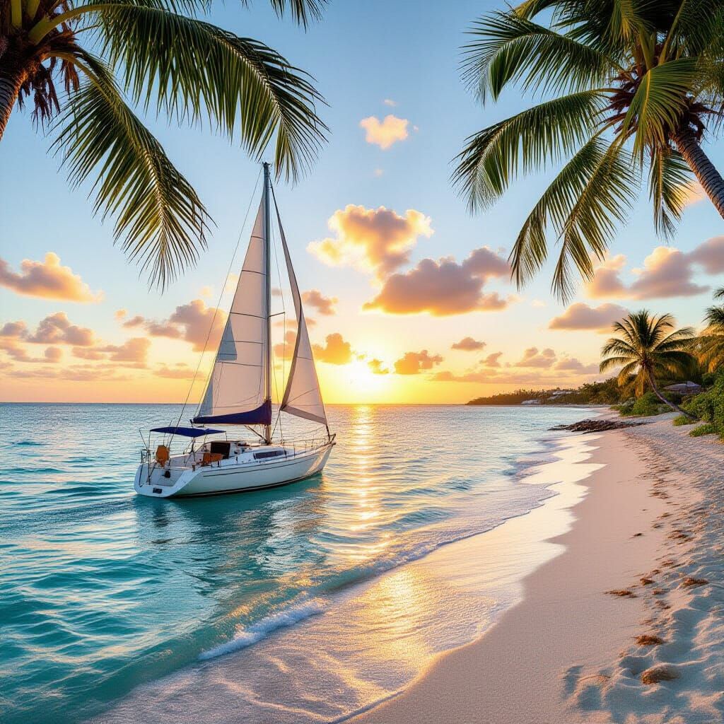Serene Sunrise Over Grace Bay Beach with Sailboat