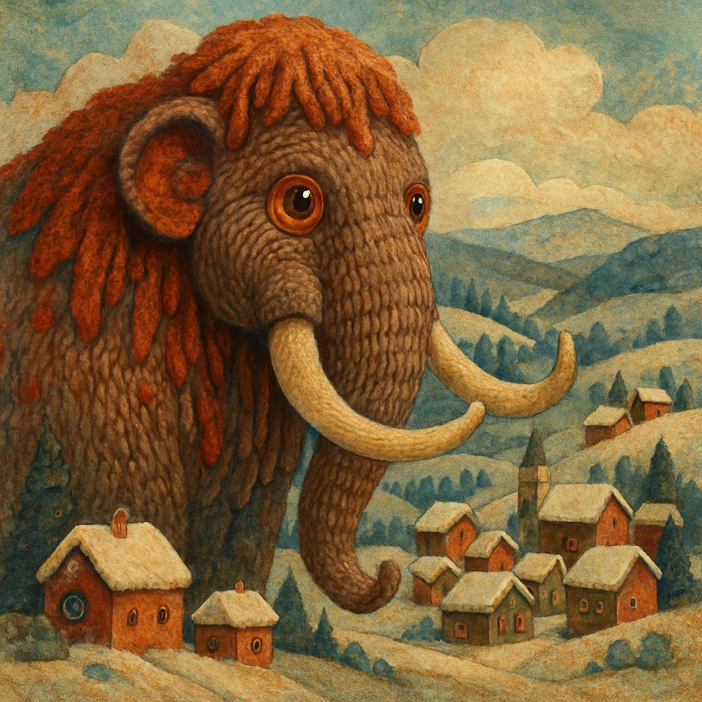 Knitted Mammoth Guardian Over Snowy Village