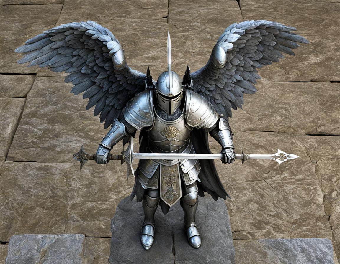 Radiant Armored Angel Shielding on Stone Cross