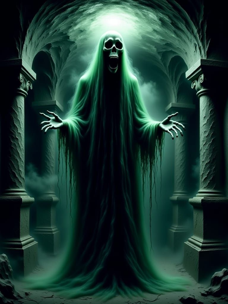 Fearsome Spirit Haunting a Stygian Crypt