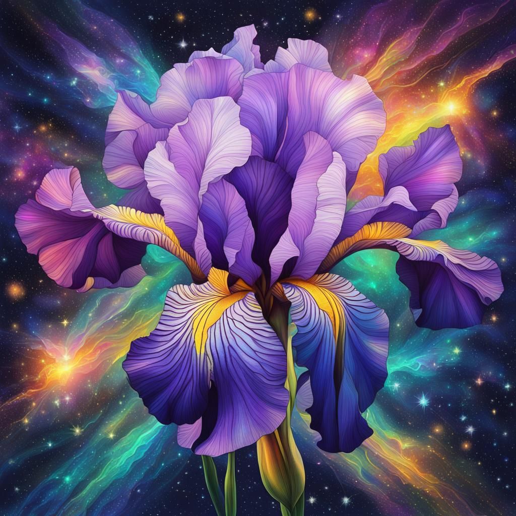 Astral Iris Flower: Holographic Cosmic Illustration