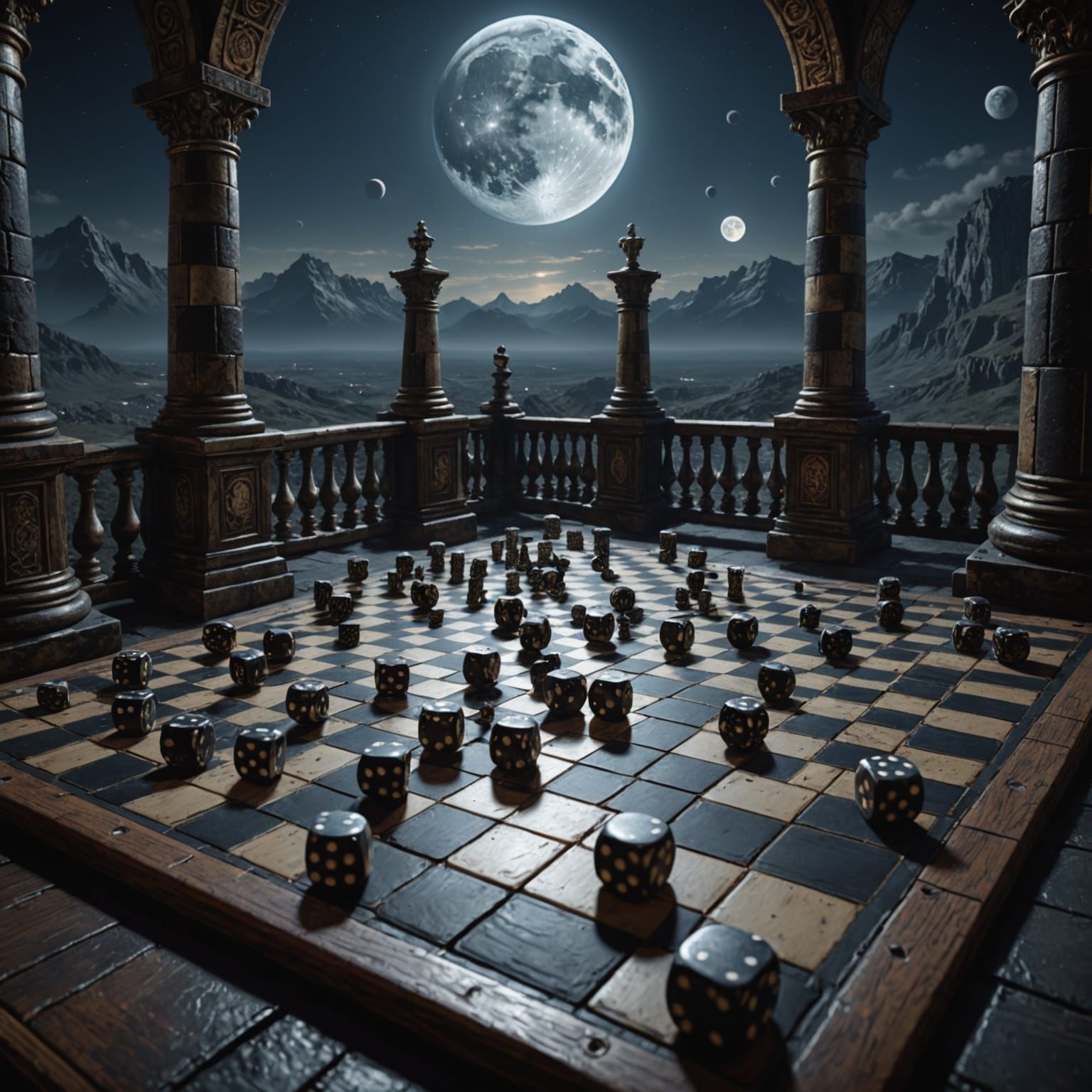 Epic Gameboard Under a Celestial Moonlit Sky