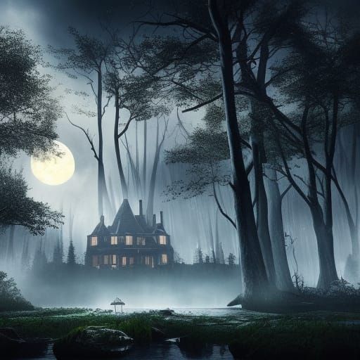Mysterious Forest House Under Moonlight
