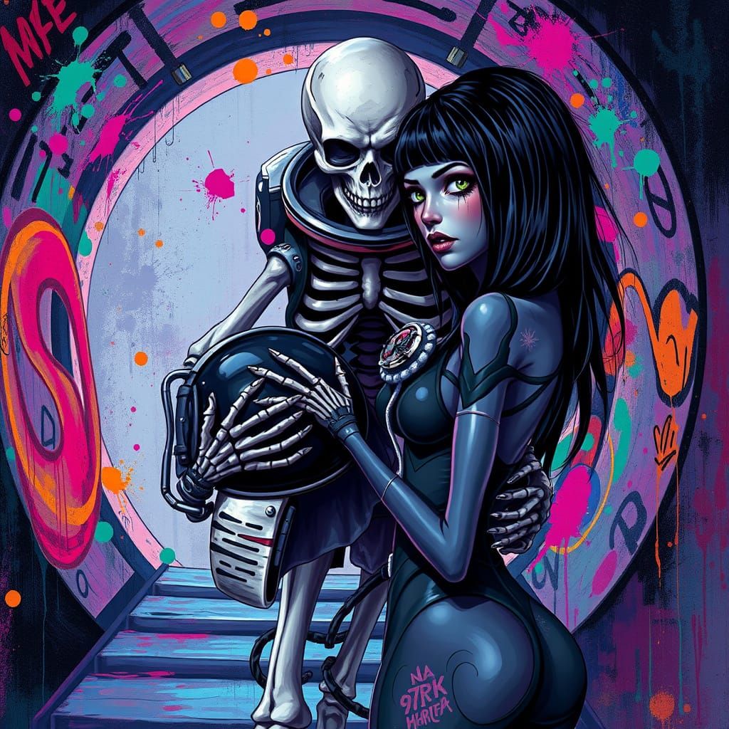 Gothic Skeleton Astronaut in Futuristic Street Art Scene